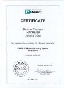 Certyfikat PANDUIT Network Cabiling System